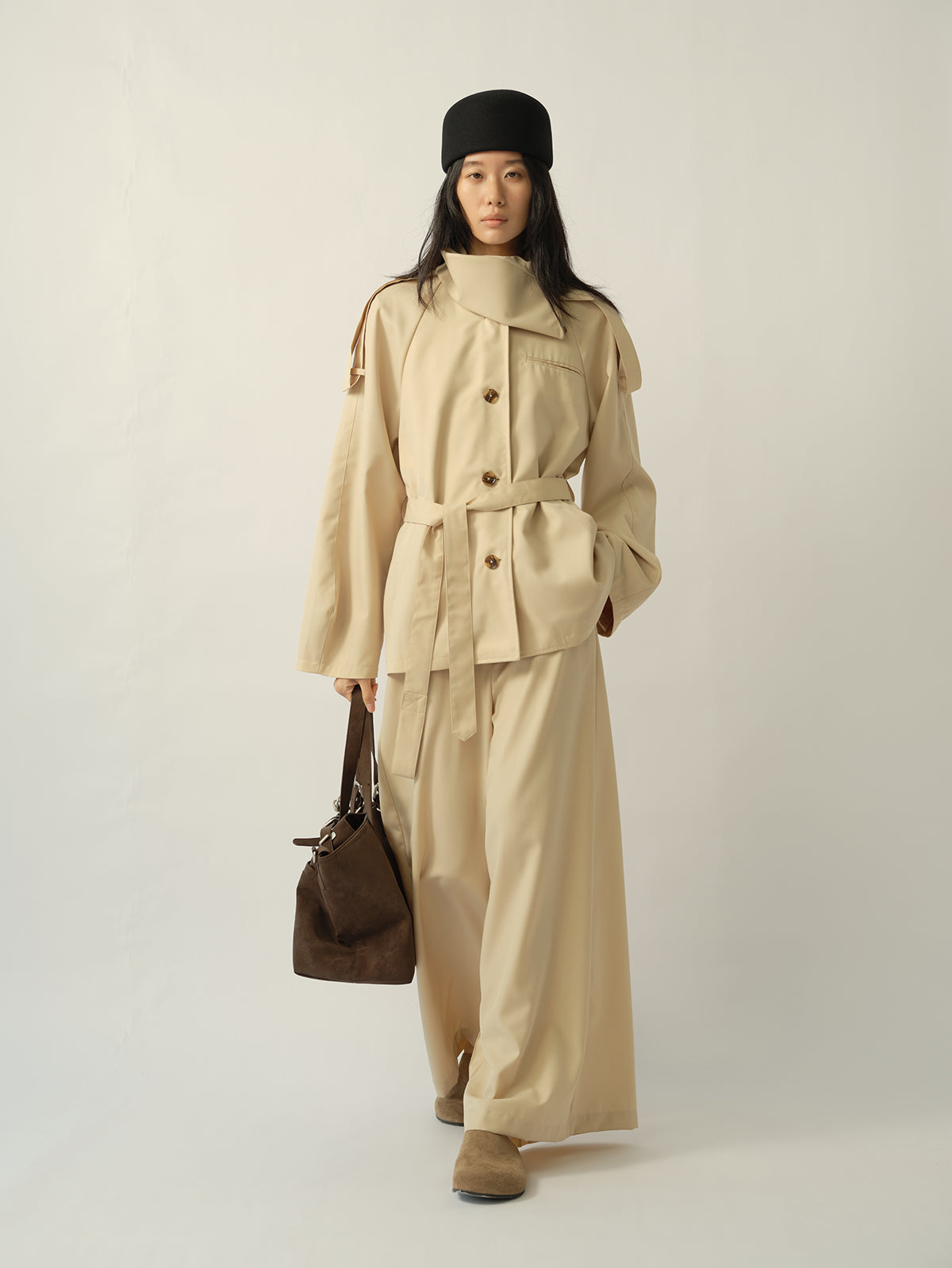 Asymmetric Shirt-Collar Wool Trench