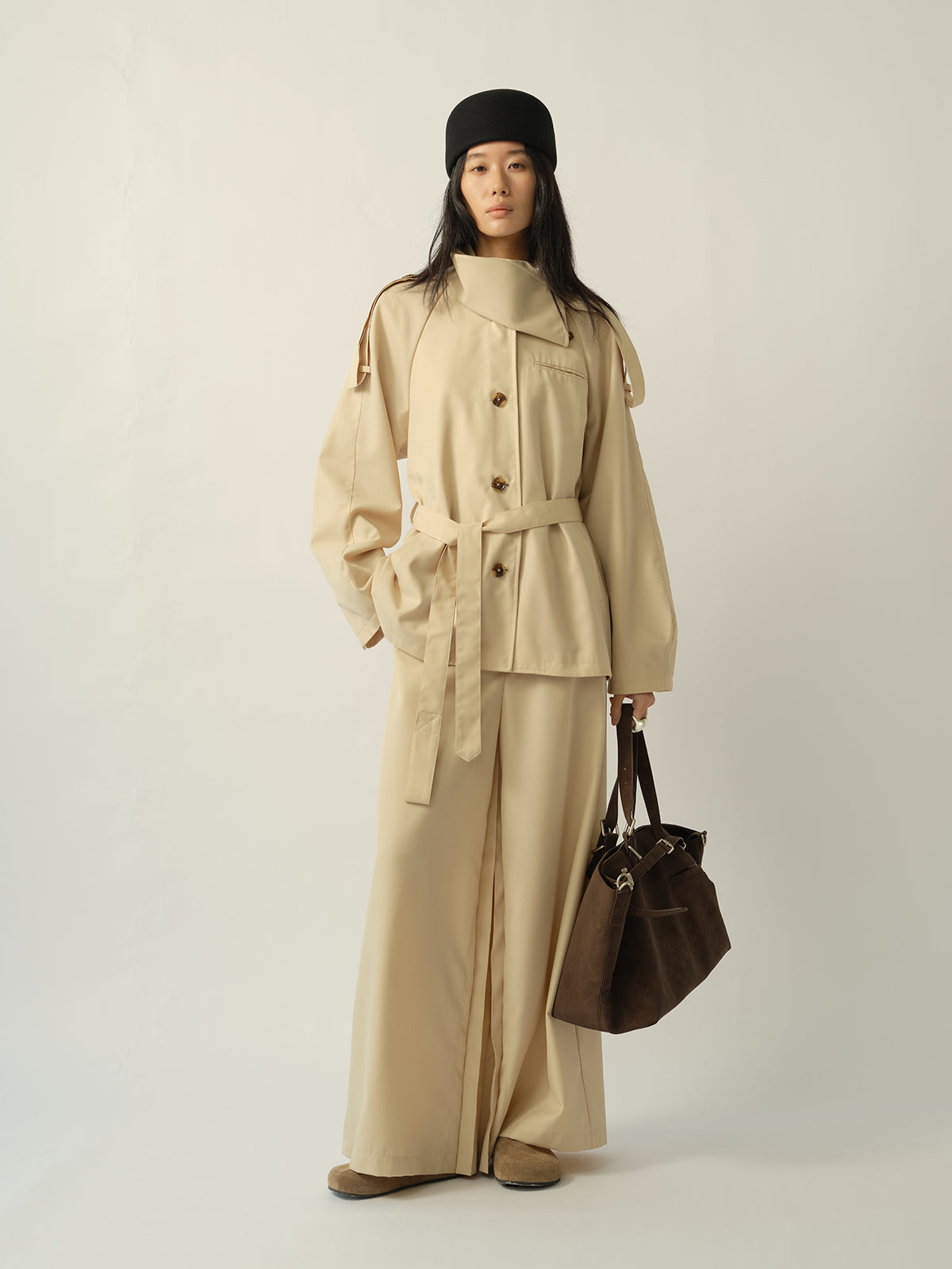 Asymmetric Shirt-Collar Wool Trench