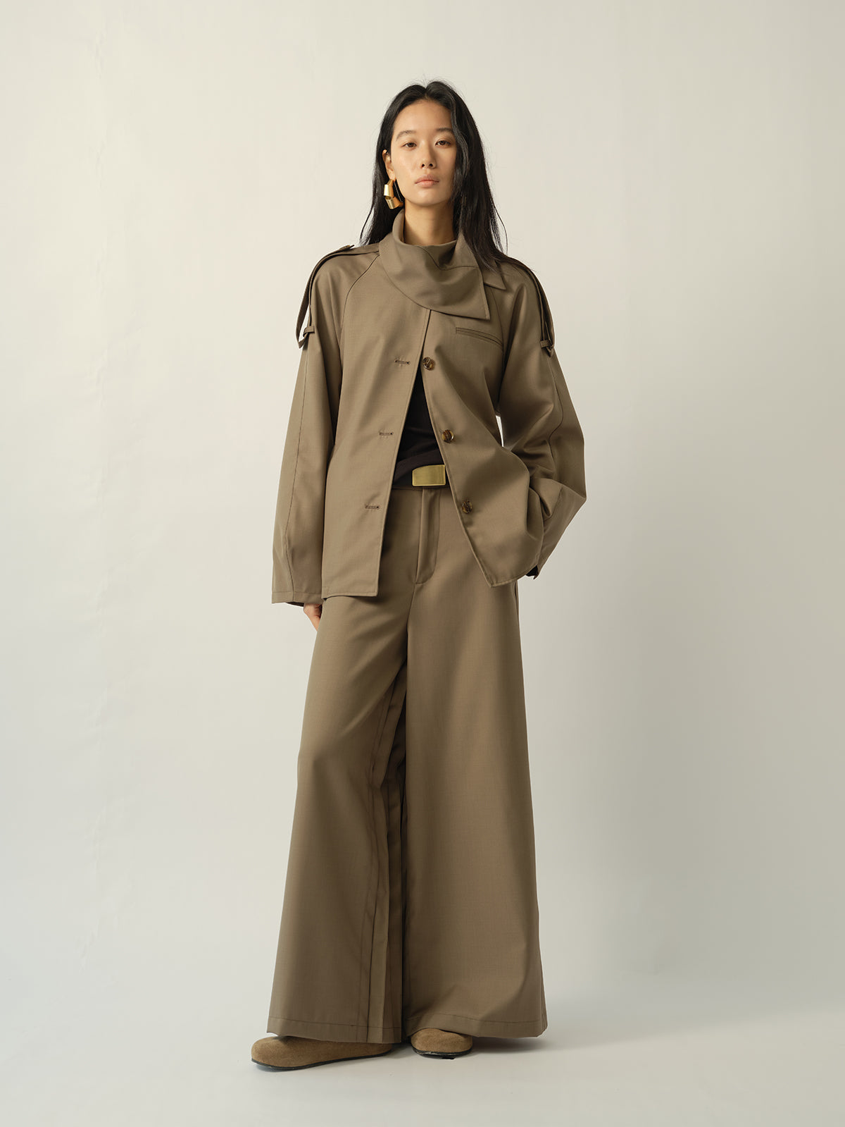 Asymmetric Shirt-Collar Wool Trench Green