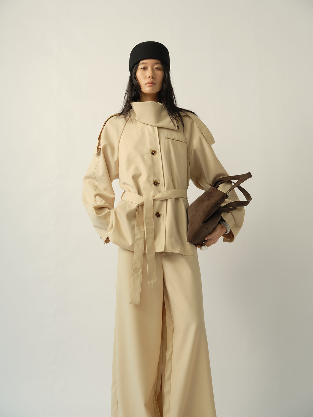 Asymmetric Shirt-Collar Wool Trench