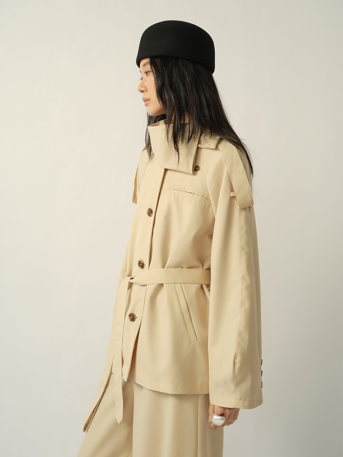 Asymmetric Shirt-Collar Wool Trench
