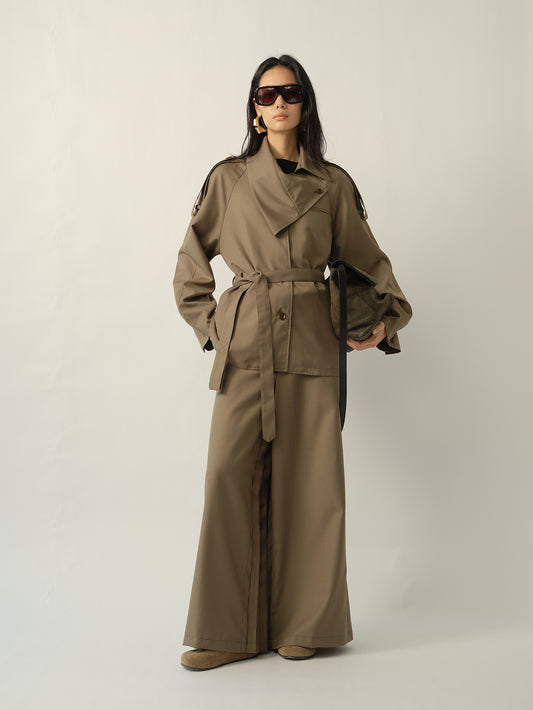 Asymmetric Shirt-Collar Wool Trench Green
