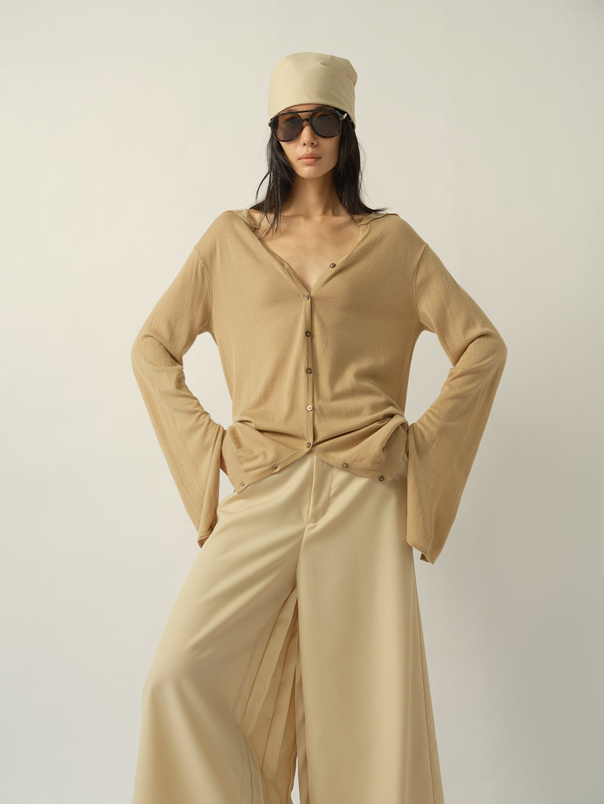 Square-Paneled Split-Sleeve Wool Cardigan