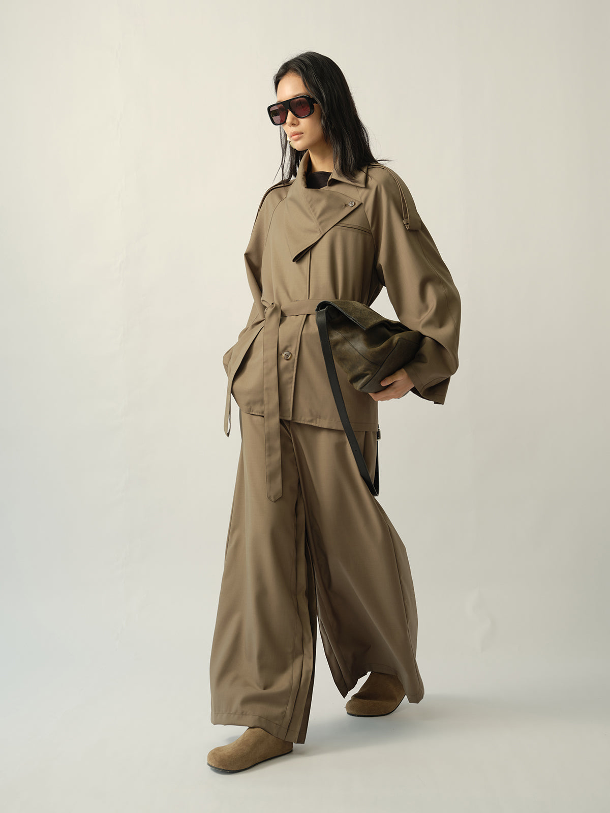 Asymmetric Shirt-Collar Wool Trench Green