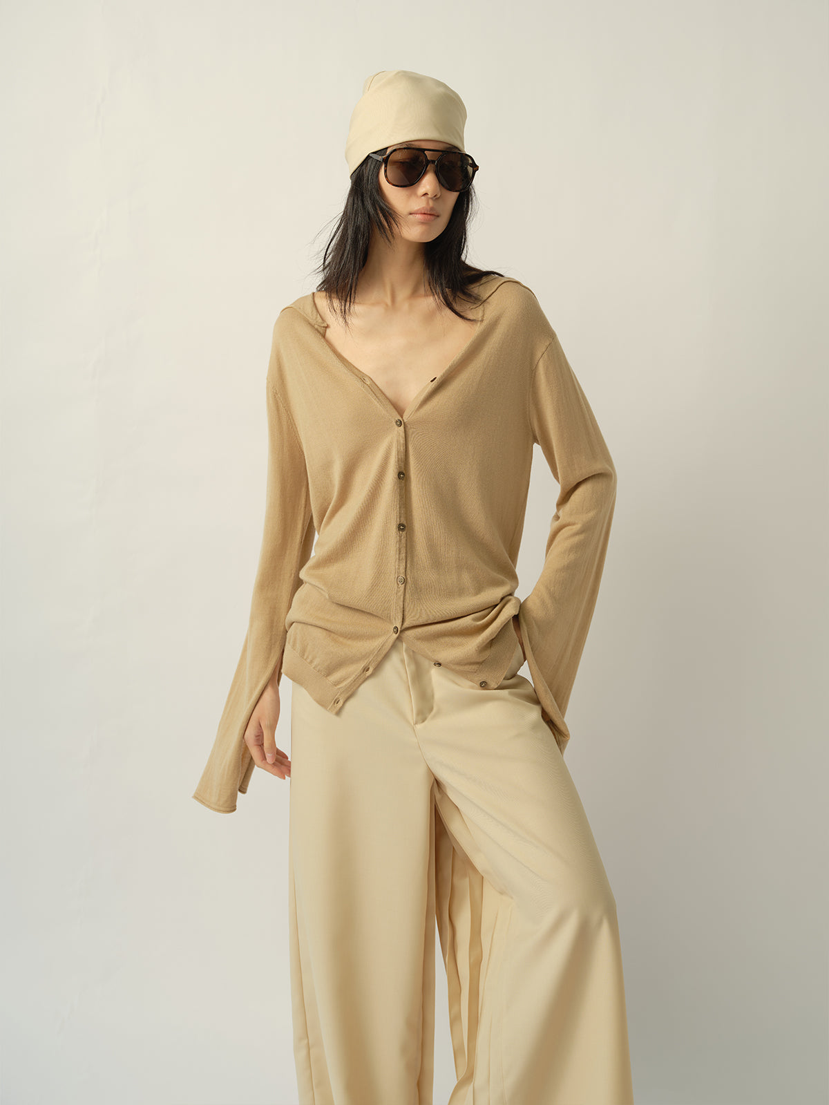 Square-Paneled Split-Sleeve Wool Cardigan