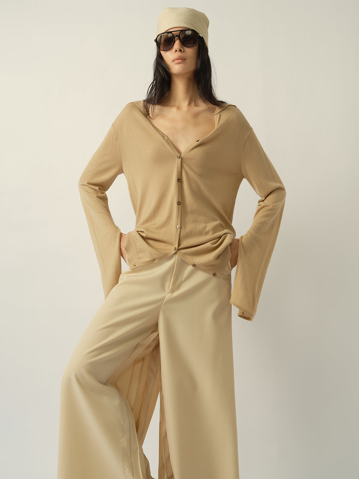 Square-Paneled Split-Sleeve Wool Cardigan