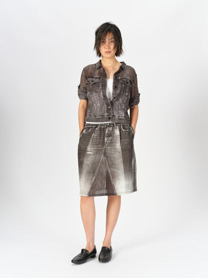 Denim-Print Ramie Midi Skirt