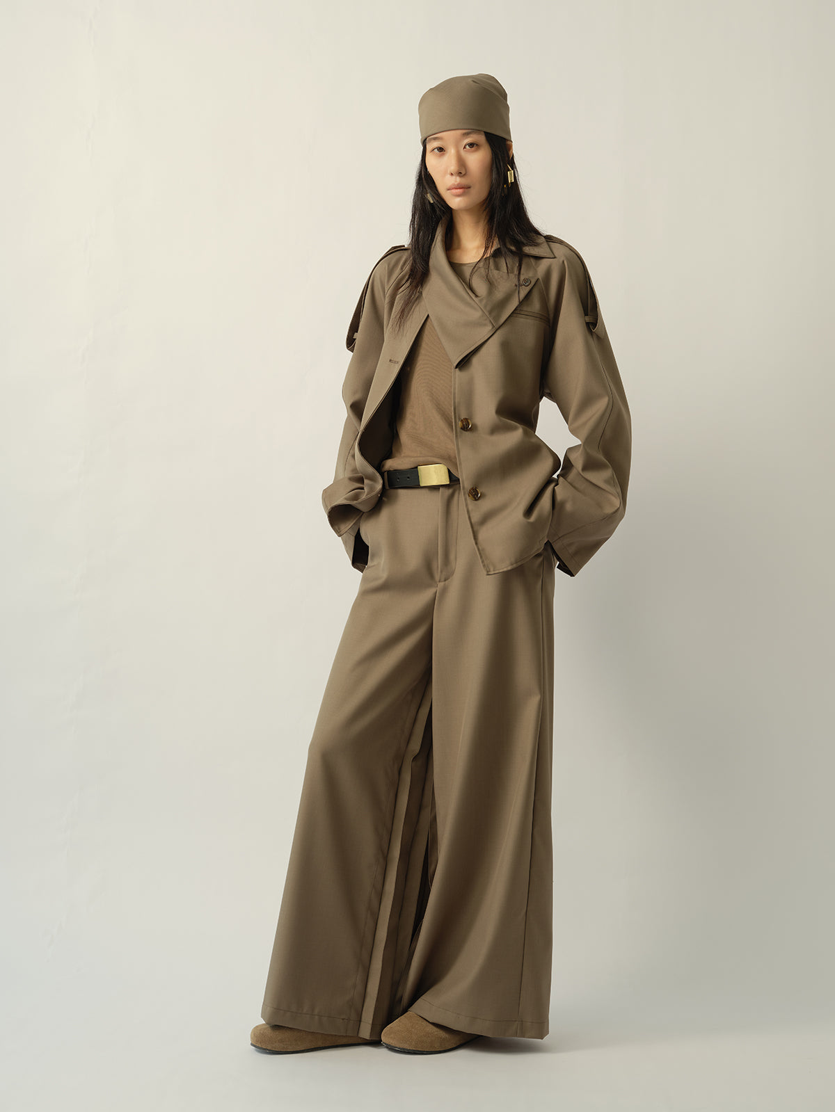 Asymmetric Shirt-Collar Wool Trench Green