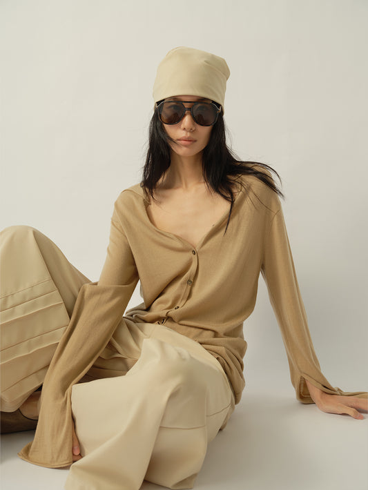 Square-Paneled Split-Sleeve Wool Cardigan