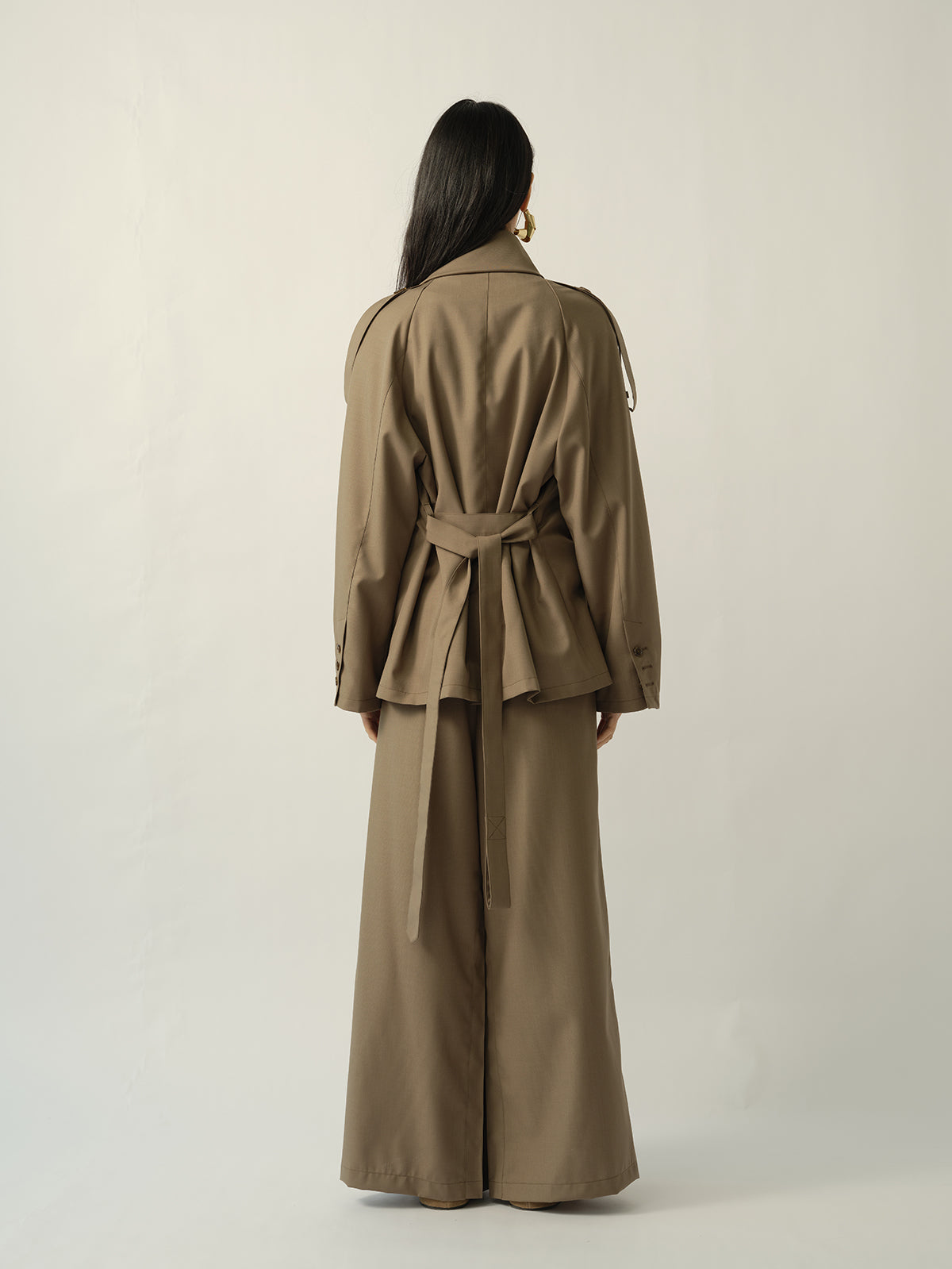 Asymmetric Shirt-Collar Wool Trench Green