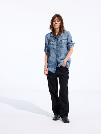 Longline Denim-Print Ramie Shirt