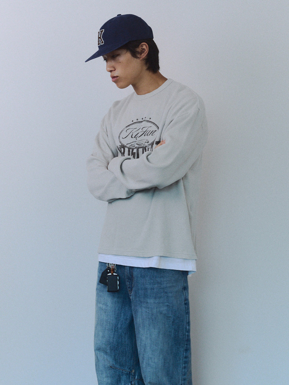 Kijun MEN｜Original Logo Waffle Long Sleeve Tee Light Grey