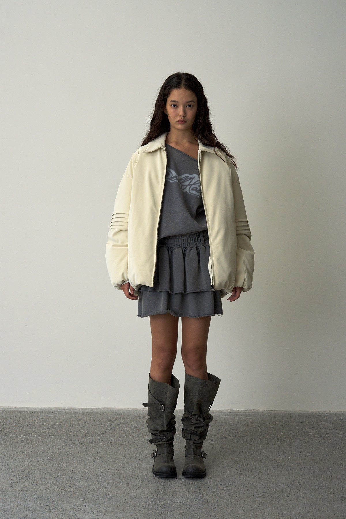 Distressed Sweatshirt Mini Skirt-Light Gray