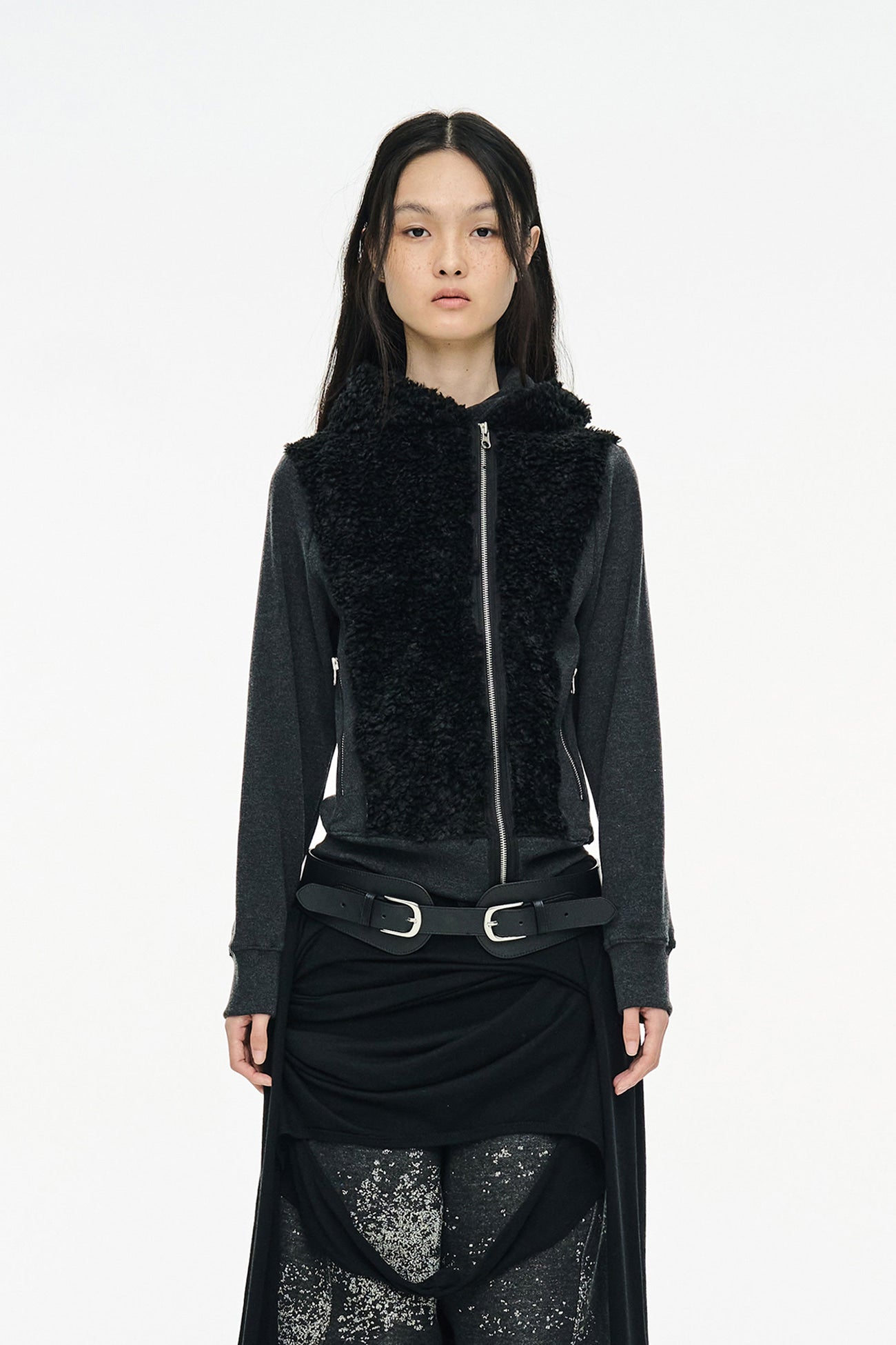FUZZY FLEECE HOOD ZIP UP / BLACK