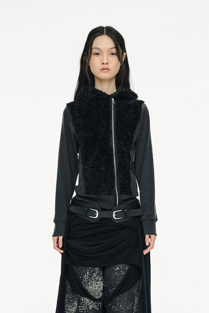 FUZZY FLEECE HOOD ZIP UP / BLACK