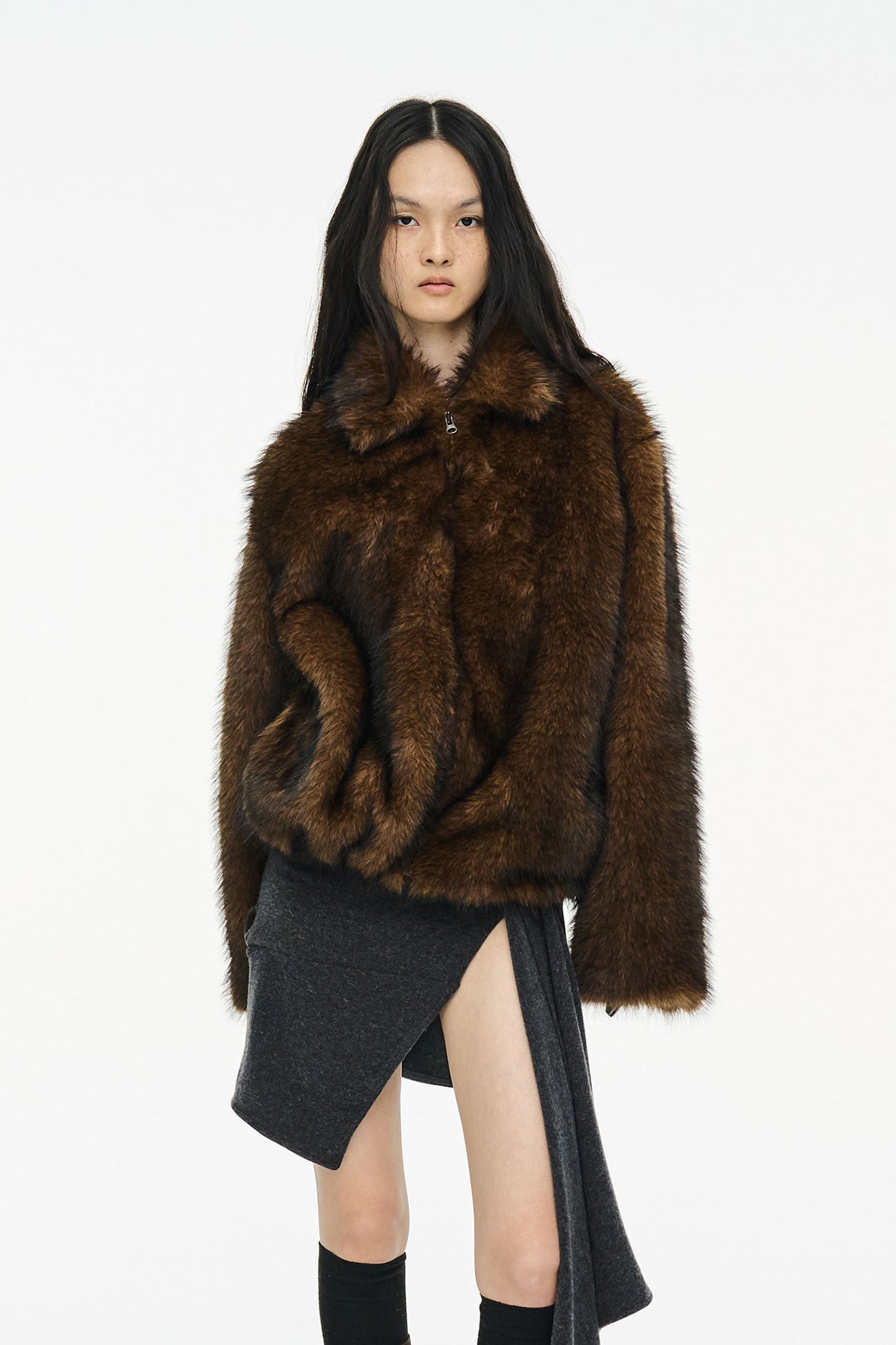 BRUSHED FUR JACKET / BROWN