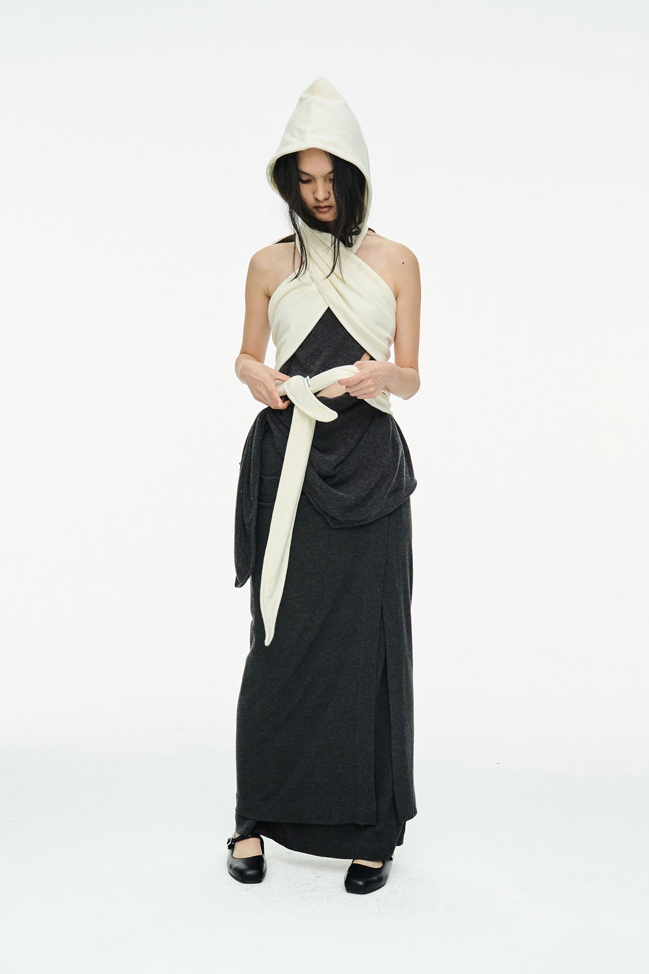 DRAPE LONG SKIRT / CHARCOAL