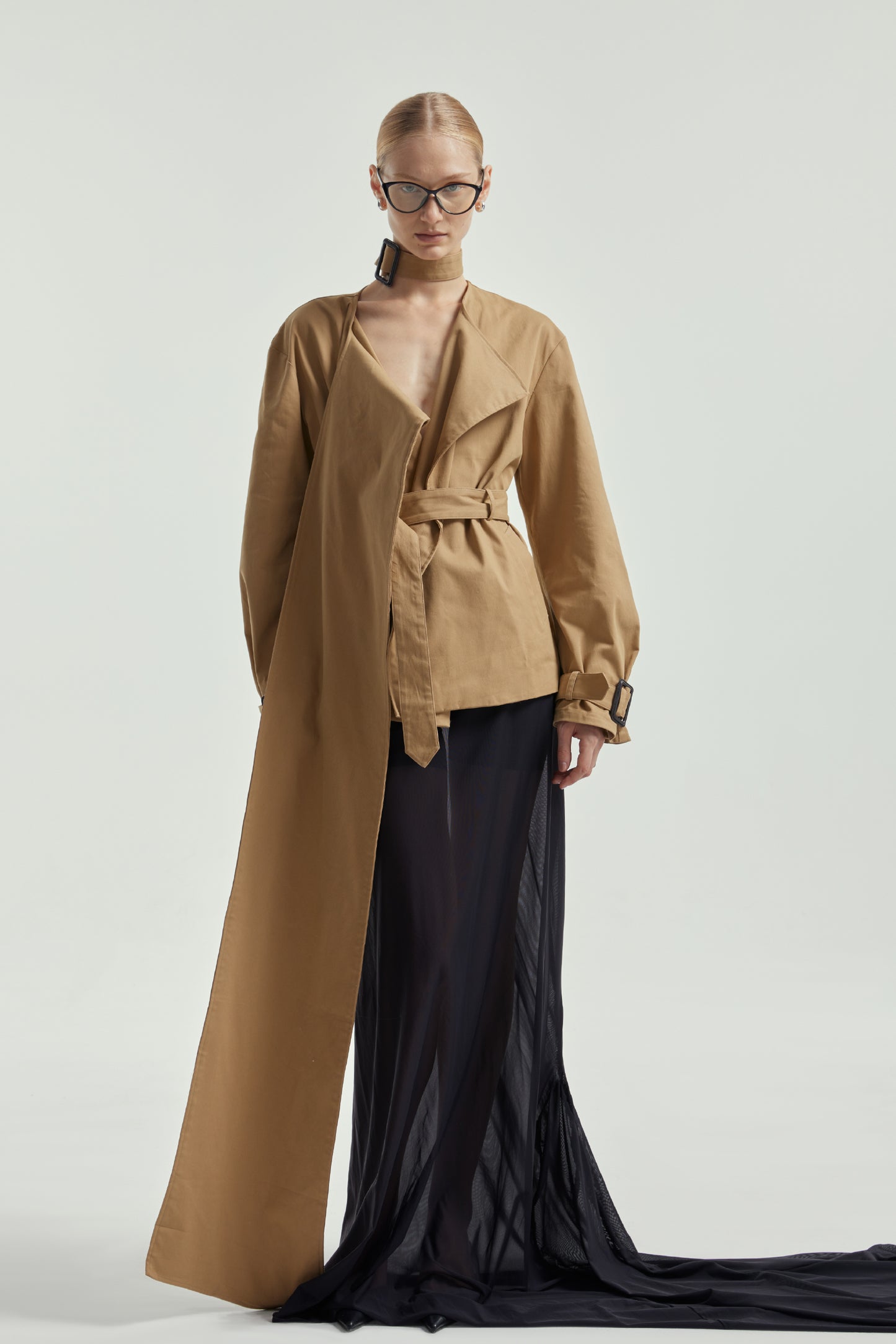 Wrap-Style Collar Waist-Cinching Trench Coat