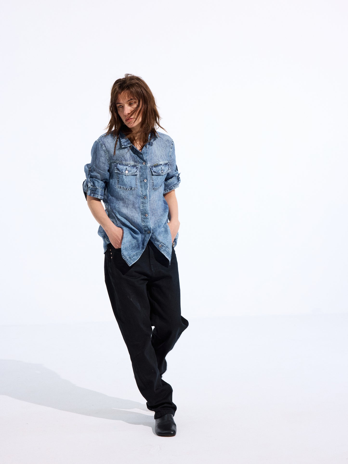 Longline Denim-Print Ramie Shirt