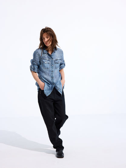 Longline Denim-Print Ramie Shirt