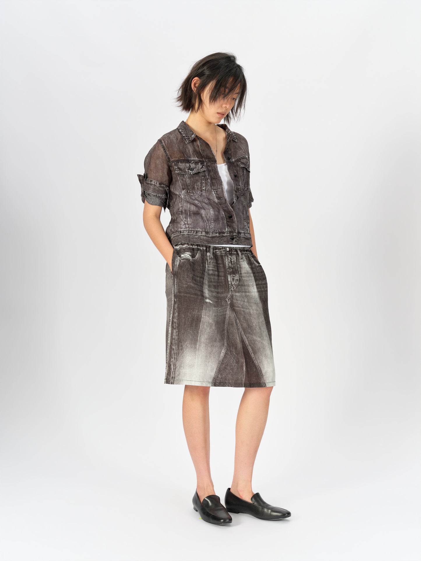 Denim-Print Ramie Midi Skirt