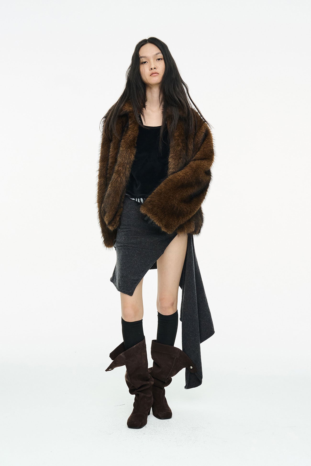 BRUSHED FUR JACKET / BROWN