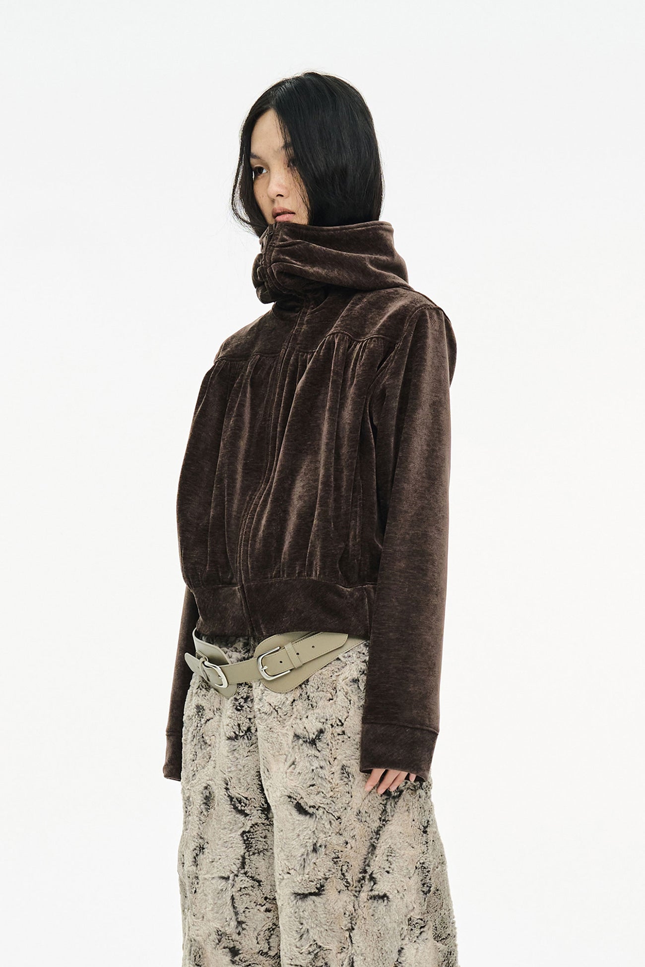 SHIRRING ZIP UP / BROWN