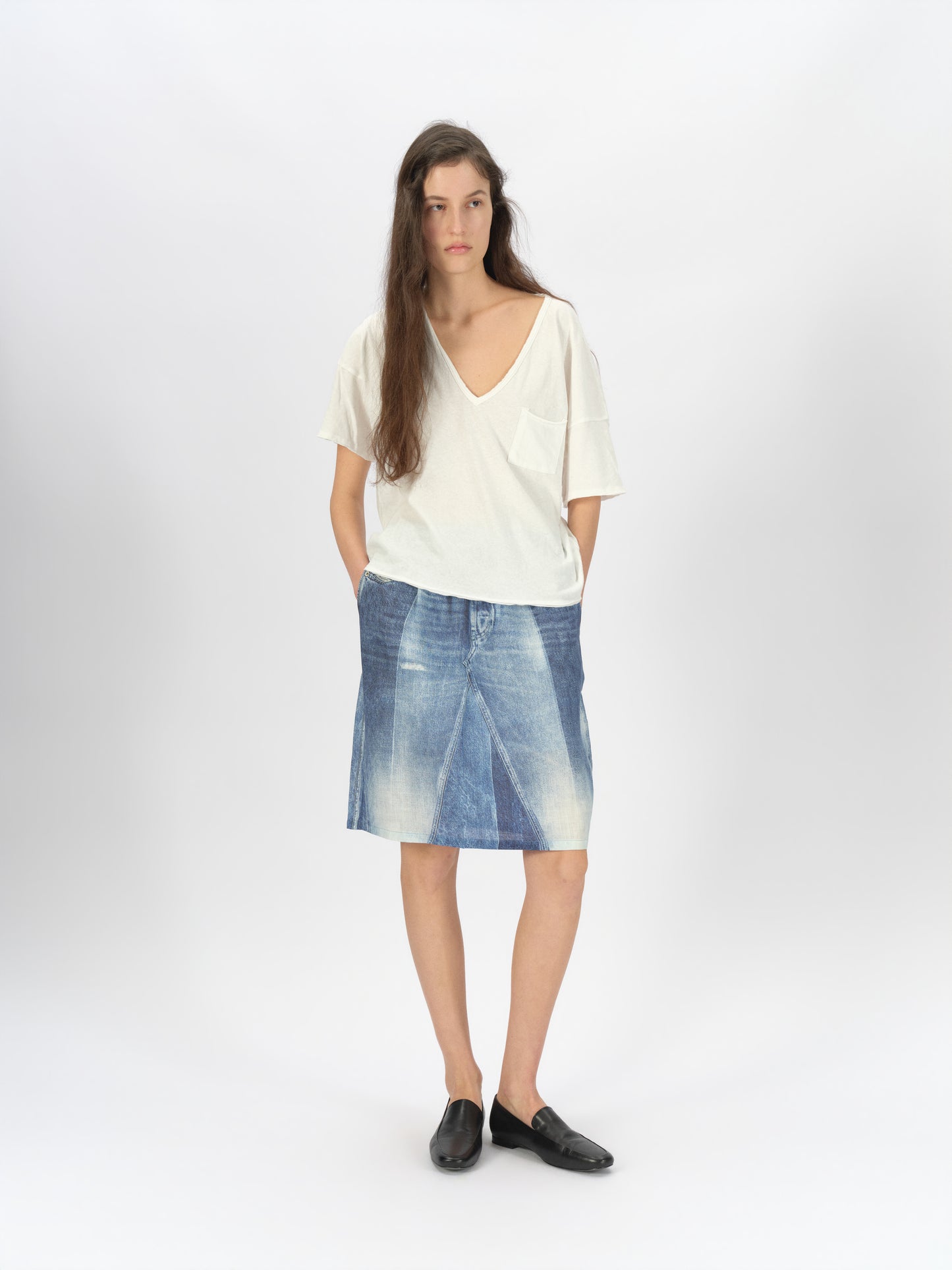 Denim-Print Ramie Midi Skirt