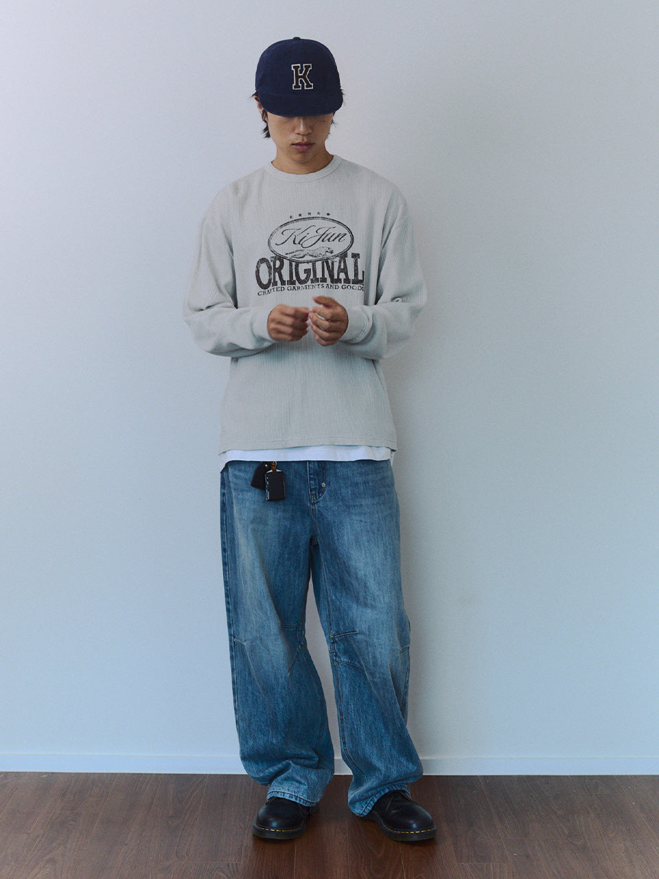 Kijun MEN｜Original Logo Waffle Long Sleeve Tee Light Grey