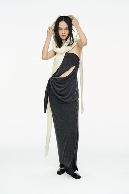 DRAPE LONG SKIRT / CHARCOAL