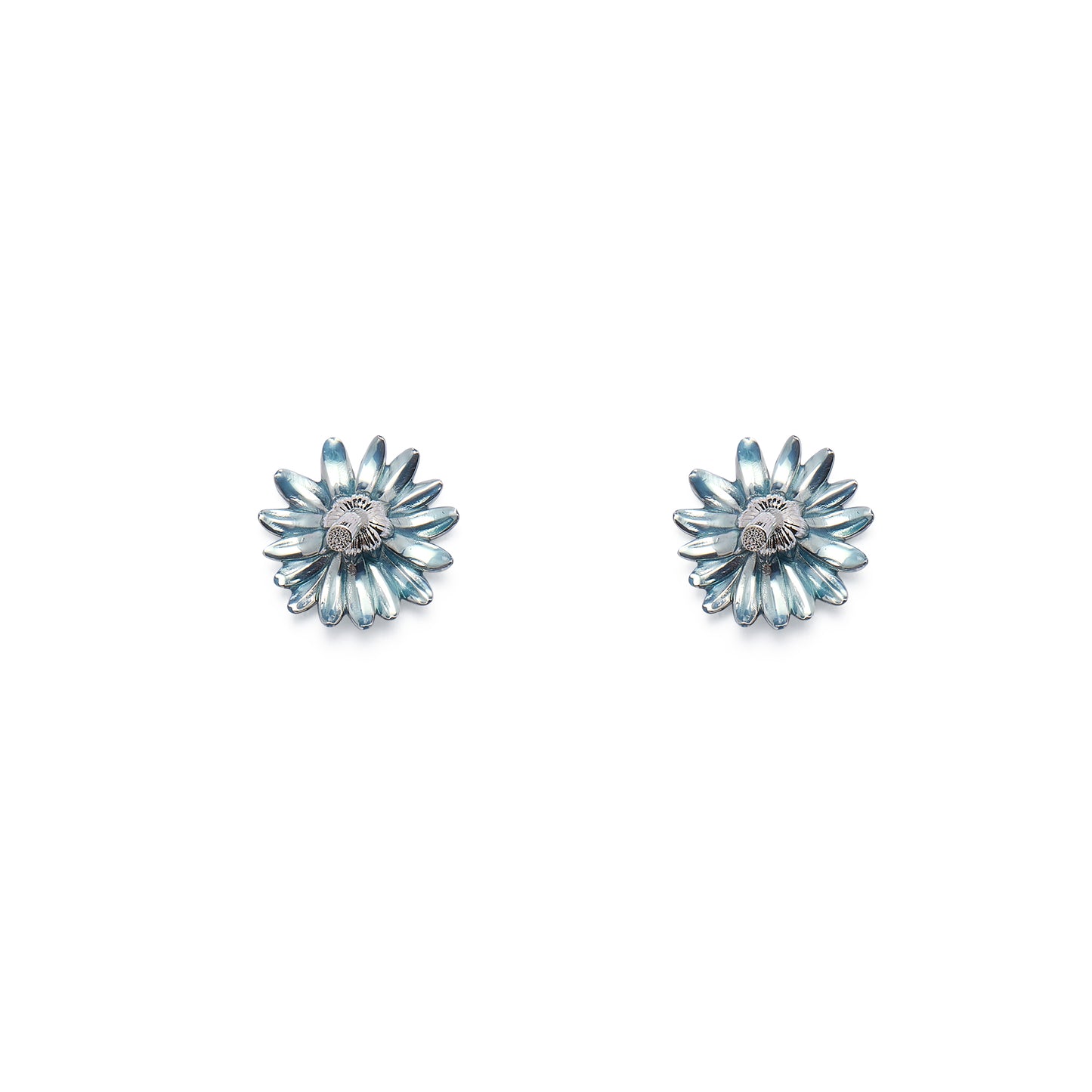 Inverted Daisy Flower Stem Stud Earrings (Translucent Blue Enamel)
