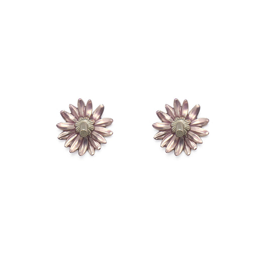 Inverted Daisy Flower Stem Stud Earrings (Translucent Pink Enamel)