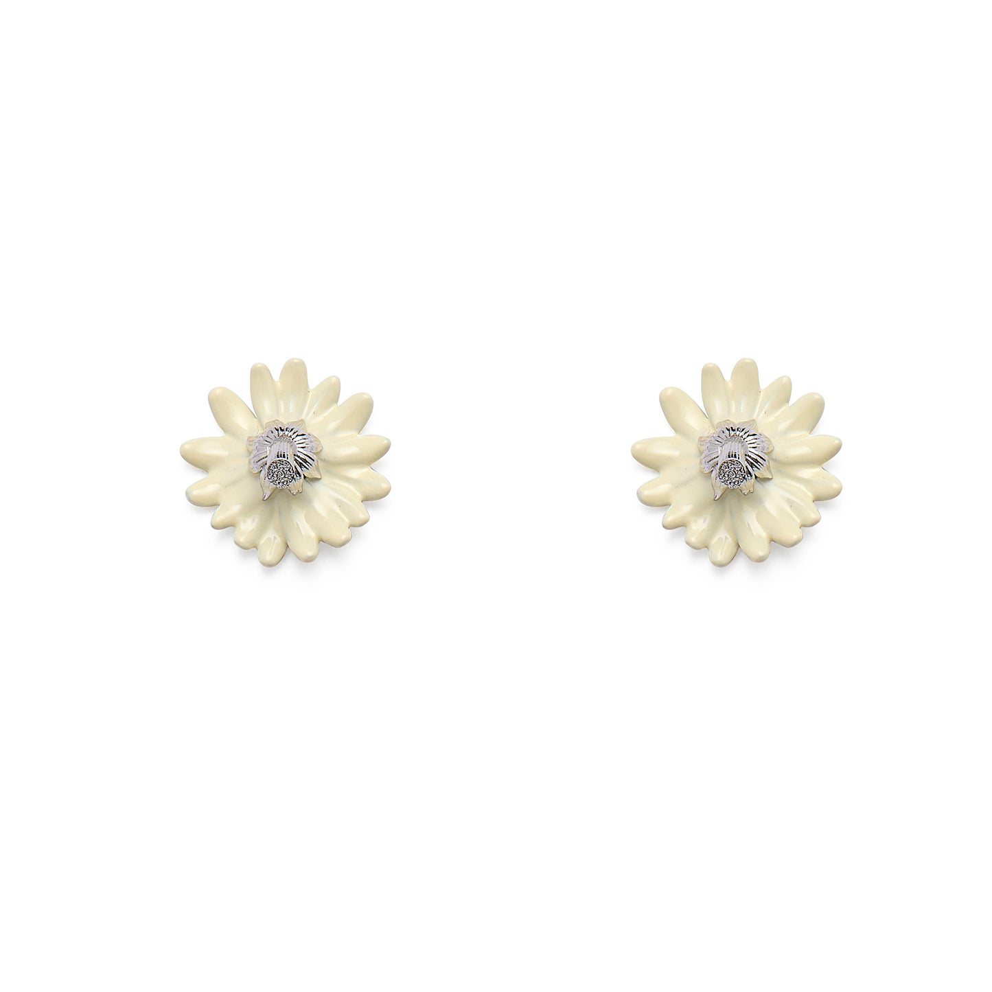 Inverted Daisy Flower Stem Stud Earrings (White Enamel)