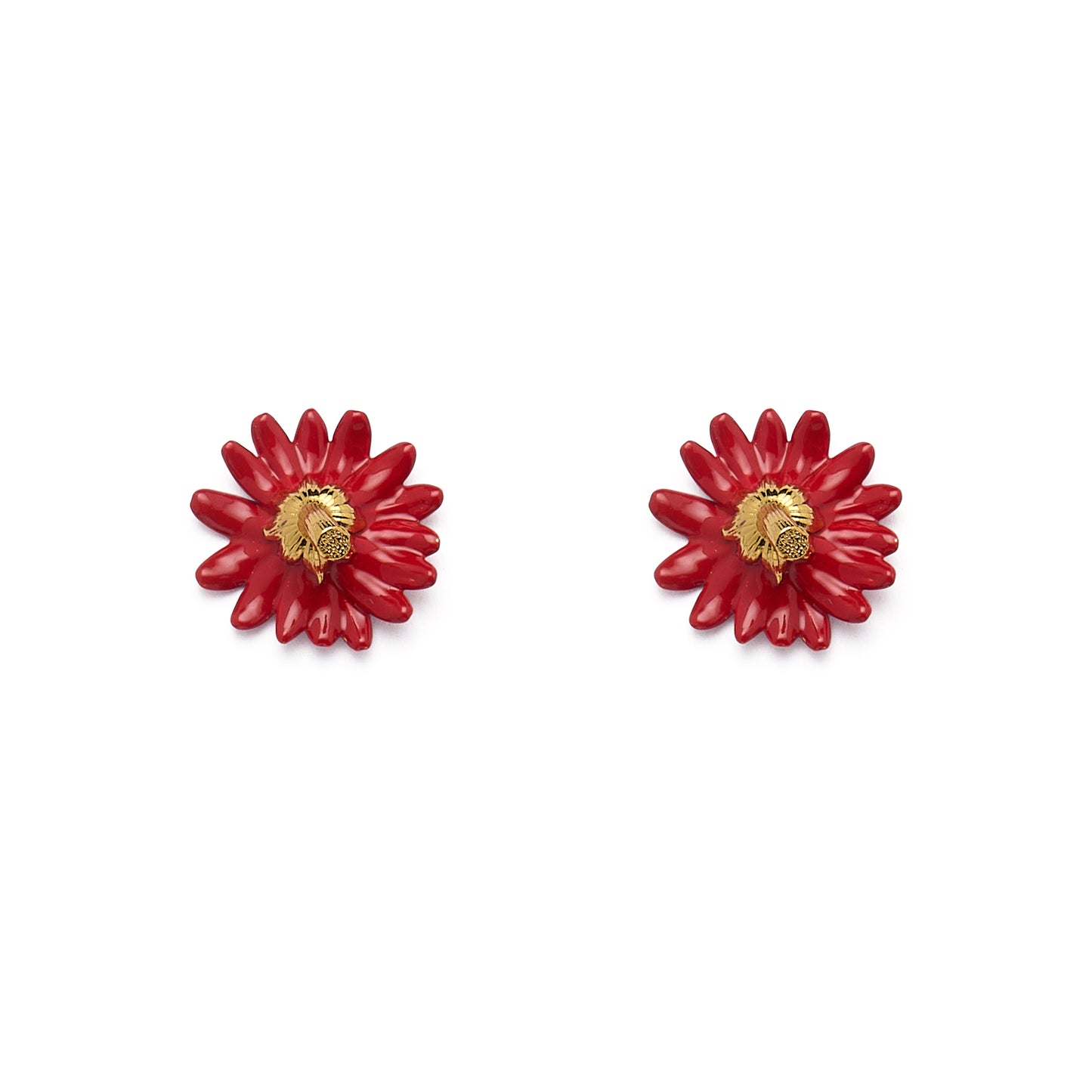 Inverted Daisy Flower Stem Stud Earrings (Red Enamel)