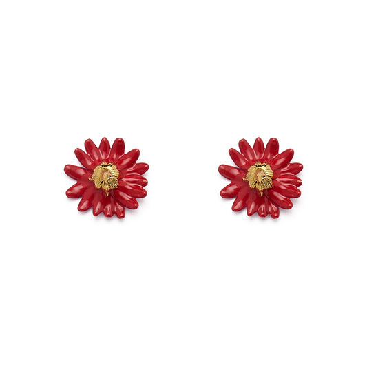 Inverted Daisy Flower Stem Stud Earrings (Red Enamel)