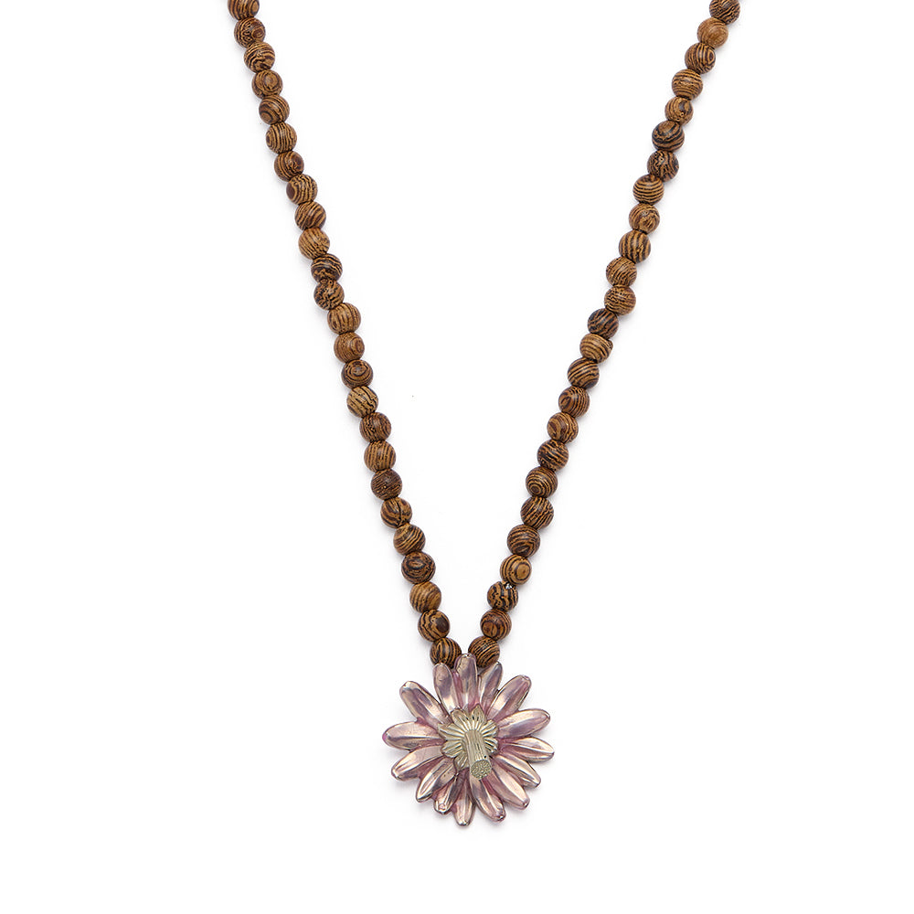 Inverted Daisy Pendant Necklace with Wooden Beads (Translucent Pink Enamel)