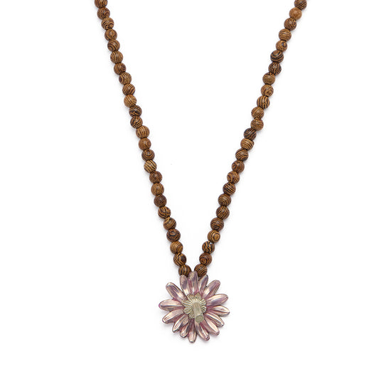 Inverted Daisy Pendant Necklace with Wooden Beads (Translucent Pink Enamel)