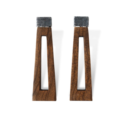 Li Realm Window Lattice Shadow Earring Golden Nanmu Wood Antiqued Silver