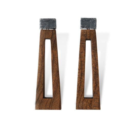 Li Realm Window Lattice Shadow Earring Golden Nanmu Wood Antiqued Silver