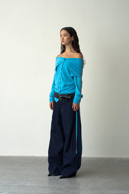 Off-Shoulder Folded Collar Cardigan (Cashmere100%)