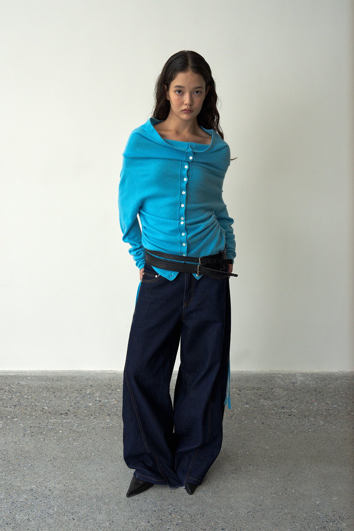 Off-Shoulder Folded Collar Cardigan (Cashmere100%)