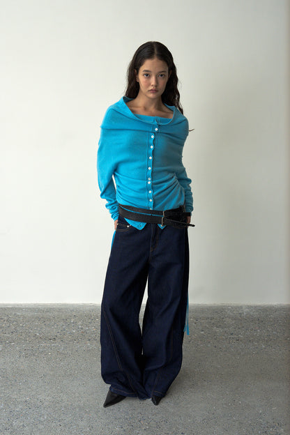 Off-Shoulder Folded Collar Cardigan (Cashmere100%)