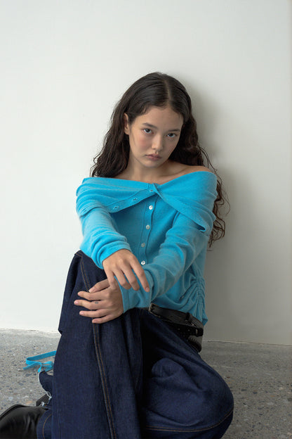 Off-Shoulder Folded Collar Cardigan (Cashmere100%)