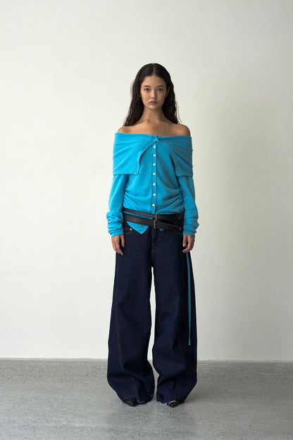 Off-Shoulder Folded Collar Cardigan (Cashmere100%)