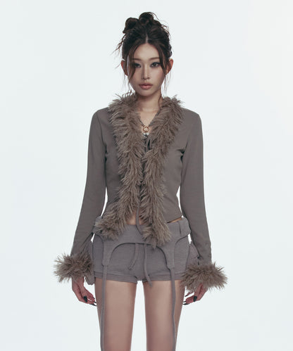 FUR TRIMMING CARDIGAN_BEIGE