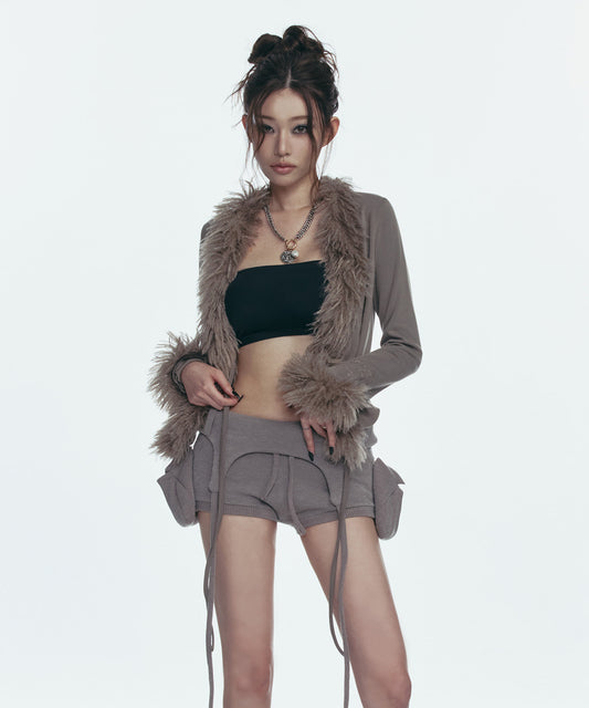 FUR TRIMMING CARDIGAN_BEIGE