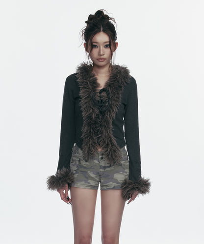 FUR TRIMMING CARDIGAN_BLACK