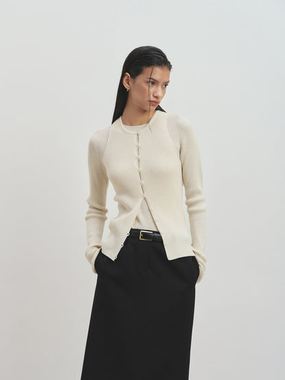 BUTTON RIBBED SLEEVELESS CARDIGAN