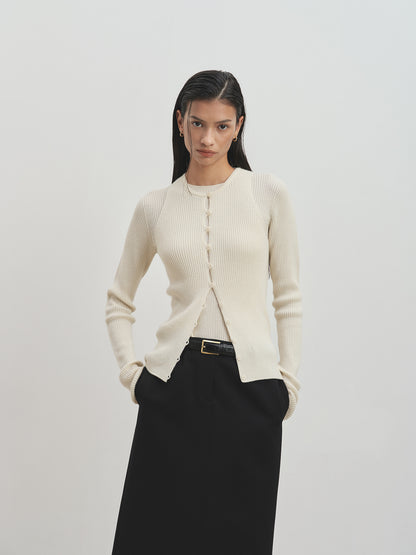 BUTTON RIBBED SLEEVELESS CARDIGAN