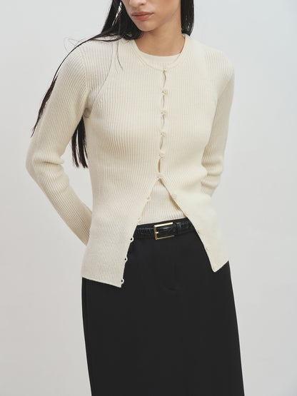 BUTTON RIBBED SLEEVELESS CARDIGAN